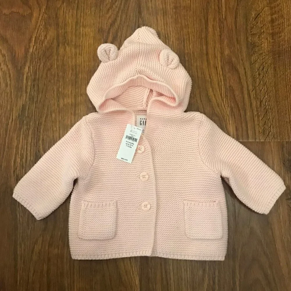 NWT Baby Gap pink bear Sweater cardigan 0-3